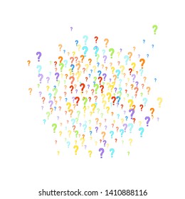 Question marks scattered on white background. Quiz, doubt, poll, survey, faq, interrogation, query background. Multicolored template for opinion poll, public poll. Rainbow color. Vector illustration.
