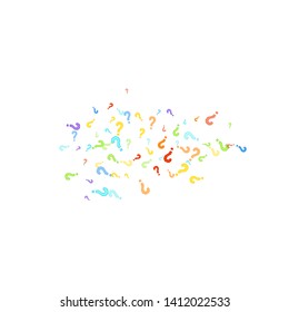 Question marks scattered on white background. Quiz, doubt, poll, survey, faq, interrogation, query background. Multicolored template for opinion poll, public poll. Rainbow color. Vector illustration.