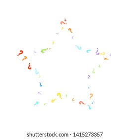 Question marks scattered on white background. Quiz, doubt, poll, survey, faq, interrogation, query background. Multicolored template for opinion poll, public poll. Rainbow color. Vector illustration.