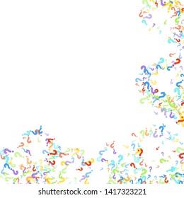 Question marks scattered on white background. Quiz, doubt, poll, survey, faq, interrogation, query background. Multicolored template for opinion poll, public poll. Rainbow color. Vector illustration.
