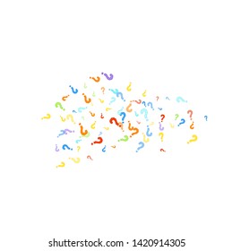 Question marks scattered on white background. Quiz, doubt, poll, survey, faq, interrogation, query background. Multicolored template for opinion poll, public poll. Rainbow color. Vector illustration.