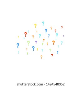 Question marks scattered on white background. Quiz, doubt, poll, survey, faq, interrogation, query background. Multicolored template for opinion poll, public poll. Rainbow color. Vector illustration.