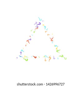 Question marks scattered on white background. Quiz, doubt, poll, survey, faq, interrogation, query background. Multicolored template for opinion poll, public poll. Rainbow color. Vector illustration.
