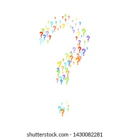 Question marks scattered on white background. Quiz, doubt, poll, survey, faq, interrogation, query background. Multicolored template for opinion poll, public poll. Rainbow color. Vector illustration.