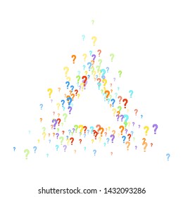 Question marks scattered on white background. Quiz, doubt, poll, survey, faq, interrogation, query background. Multicolored template for opinion poll, public poll. Rainbow color. Vector illustration.