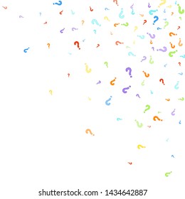 Question marks scattered on white background. Quiz, doubt, poll, survey, faq, interrogation, query background. Multicolored template for opinion poll, public poll. Rainbow color. Vector illustration.