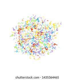 Question marks scattered on white background. Quiz, doubt, poll, survey, faq, interrogation, query background. Multicolored template for opinion poll, public poll. Rainbow color. Vector illustration.