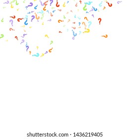 Question marks scattered on white background. Quiz, doubt, poll, survey, faq, interrogation, query background. Multicolored template for opinion poll, public poll. Rainbow color. Vector illustration.