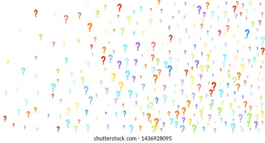 Question marks scattered on white background. Quiz, doubt, poll, survey, faq, interrogation, query background. Multicolored template for opinion poll, public poll. Rainbow color. Vector illustration.
