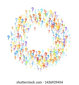 Question marks scattered on white background. Quiz, doubt, poll, survey, faq, interrogation, query background. Multicolored template for opinion poll, public poll. Rainbow color. Vector illustration.