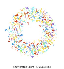 Question marks scattered on white background. Quiz, doubt, poll, survey, faq, interrogation, query background. Multicolored template for opinion poll, public poll. Rainbow color. Vector illustration.