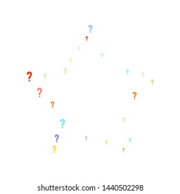 Question marks scattered on white background. Quiz, doubt, poll, survey, faq, interrogation, query background. Multicolored template for opinion poll, public poll. Rainbow color. Vector illustration.