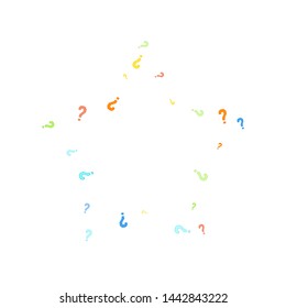 Question marks scattered on white background. Quiz, doubt, poll, survey, faq, interrogation, query background. Multicolored template for opinion poll, public poll. Rainbow color. Vector illustration.
