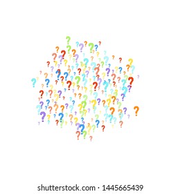 Question marks scattered on white background. Quiz, doubt, poll, survey, faq, interrogation, query background. Multicolored template for opinion poll, public poll. Rainbow color. Vector illustration.