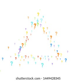 Question marks scattered on white background. Quiz, doubt, poll, survey, faq, interrogation, query background. Multicolored template for opinion poll, public poll. Rainbow color. Vector illustration.