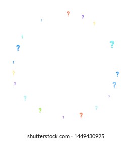 Question marks scattered on white background. Quiz, doubt, poll, survey, faq, interrogation, query background. Multicolored template for opinion poll, public poll. Rainbow color. Vector illustration.