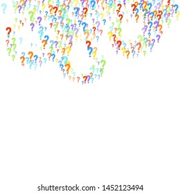 Question marks scattered on white background. Quiz, doubt, poll, survey, faq, interrogation, query background. Multicolored template for opinion poll, public poll. Rainbow color. Vector illustration.