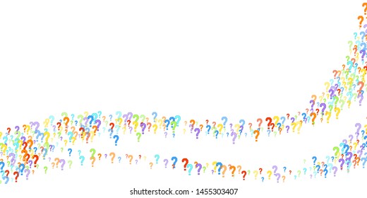 Question marks scattered on white background. Quiz, doubt, poll, survey, faq, interrogation, query background. Multicolored template for opinion poll, public poll. Rainbow color. Vector illustration.