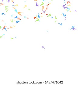 Question marks scattered on white background. Quiz, doubt, poll, survey, faq, interrogation, query background. Multicolored template for opinion poll, public poll. Rainbow color. Vector illustration.
