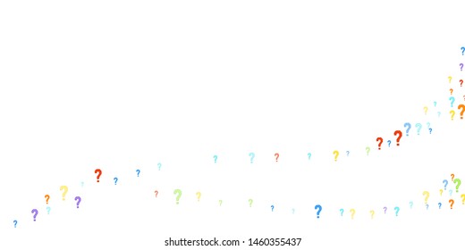 Question marks scattered on white background. Quiz, doubt, poll, survey, faq, interrogation, query background. Multicolored template for opinion poll, public poll. Rainbow color. Vector illustration.