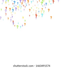 Question marks scattered on white background. Quiz, doubt, poll, survey, faq, interrogation, query background. Multicolored template for opinion poll, public poll. Rainbow color. Vector illustration.
