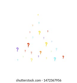 Question marks scattered on white background. Quiz, doubt, poll, survey, faq, interrogation, query background. Multicolored template for opinion poll, public poll. Rainbow color. Vector illustration.