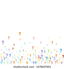 Question marks scattered on white background. Quiz, doubt, poll, survey, faq, interrogation, query background. Multicolored template for opinion poll, public poll. Rainbow color. Vector illustration.
