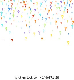 Question marks scattered on white. Quiz, doubt, survey, faq, interrogation, query background. Multicolored template for opinion, public poll. Rainbow color. Vector illustration.