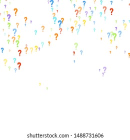 Question marks scattered on white background. Quiz, doubt, poll, survey, faq, interrogation, query background. Multicolored template for opinion poll, public poll. Rainbow color. Vector illustration.