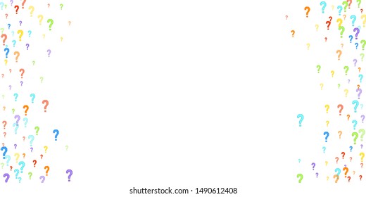 Question marks scattered on white background. Quiz, doubt, poll, survey, faq, interrogation, query background. Multicolored template for opinion poll, public poll. Rainbow color. Vector illustration.