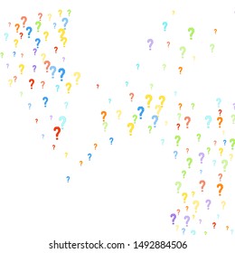 Question marks scattered on white background. Quiz, doubt, poll, survey, faq, interrogation, query background. Multicolored template for opinion poll, public poll. Rainbow color. Vector illustration.