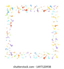Question marks scattered on white background. Quiz, doubt, poll, survey, faq, interrogation, query background. Multicolored template for opinion poll, public poll. Rainbow color. Vector illustration.