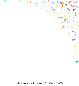 Question marks scattered on white background. Quiz, doubt, poll, survey, faq, interrogation, query background. Multicolored template for opinion poll, public poll. Rainbow color. Vector illustration.