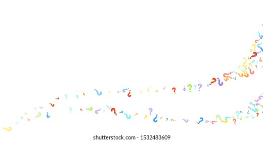 Question marks scattered on white background. Quiz, doubt, poll, survey, faq, interrogation, query background. Multicolored template for opinion poll, public poll. Rainbow color. Vector illustration.