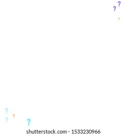 Question marks scattered on white background. Quiz, doubt, poll, survey, faq, interrogation, query background. Multicolored template for opinion poll, public poll. Rainbow color. Vector illustration.