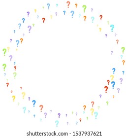 Question marks scattered on white background. Quiz, doubt, poll, survey, faq, interrogation, query background. Multicolored template for opinion poll, public poll. Rainbow color. Vector illustration.