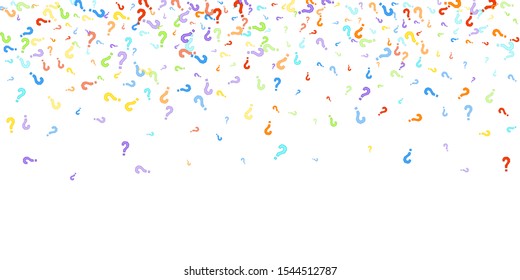 Question marks scattered on white background. Quiz, doubt, poll, survey, faq, interrogation, query background. Multicolored template for opinion poll, public poll. Rainbow color. Vector illustration.