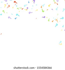 Question marks scattered on white background. Quiz, doubt, poll, survey, faq, interrogation, query background. Multicolored template for opinion poll, public poll. Rainbow color. Vector illustration.