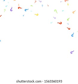 Question marks scattered on white background. Quiz, doubt, poll, survey, faq, interrogation, query background. Multicolored template for opinion poll, public poll. Rainbow color. Vector illustration.