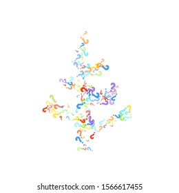 Question marks scattered on white background. Quiz, doubt, poll, survey, faq, interrogation, query background. Multicolored template for opinion poll, public poll. Rainbow color. Vector illustration.