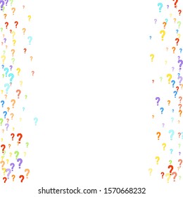 Question marks scattered on white background. Quiz, doubt, poll, survey, faq, interrogation, query background. Multicolored template for opinion poll, public poll. Rainbow color. Vector illustration.