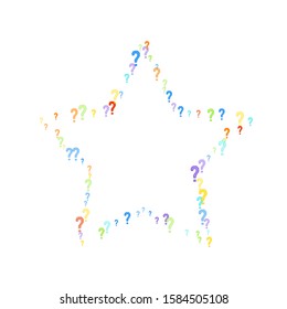 Question marks scattered on white background. Quiz, doubt, poll, survey, faq, interrogation, query background. Multicolored template for opinion poll, public poll. Rainbow color. Vector illustration.
