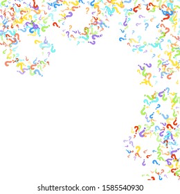 Question marks scattered on white background. Quiz, doubt, poll, survey, faq, interrogation, query background. Multicolored template for opinion poll, public poll. Rainbow color. Vector illustration.