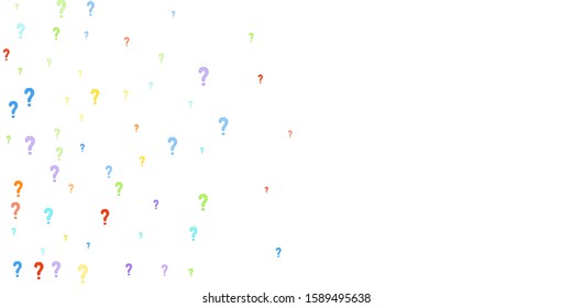 Question marks scattered on white background. Quiz, doubt, poll, survey, faq, interrogation, query background. Multicolored template for opinion poll, public poll. Rainbow color. Vector illustration.