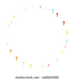 Question marks scattered on white background. Quiz, doubt, poll, survey, faq, interrogation, query background. Multicolored template for opinion poll, public poll. Rainbow color. Vector illustration.