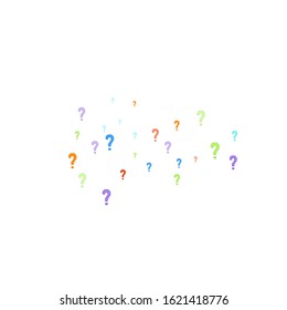Question marks scattered on white background. Quiz, doubt, poll, survey, faq, interrogation, query background. Multicolored template for opinion poll, public poll. Rainbow color. Vector illustration.