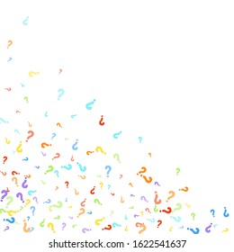 Question marks scattered on white background. Quiz, doubt, poll, survey, faq, interrogation, query background. Multicolored template for opinion poll, public poll. Rainbow color. Vector illustration.