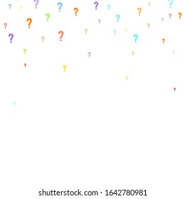 Question marks scattered on white background. Quiz, doubt, poll, survey, faq, interrogation, query background. Multicolored template for opinion poll, public poll. Rainbow color. Vector illustration.