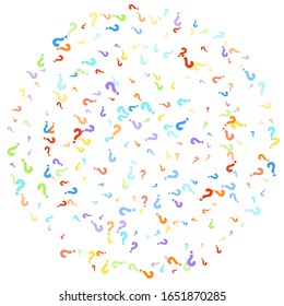 Question marks scattered on white background. Quiz, doubt, poll, survey, faq, interrogation, query background. Multicolored template for opinion poll, public poll. Rainbow color. Vector illustration.