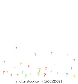 Question marks scattered on white background. Quiz, doubt, poll, survey, faq, interrogation, query background. Multicolored template for opinion poll, public poll. Rainbow color. Vector illustration.